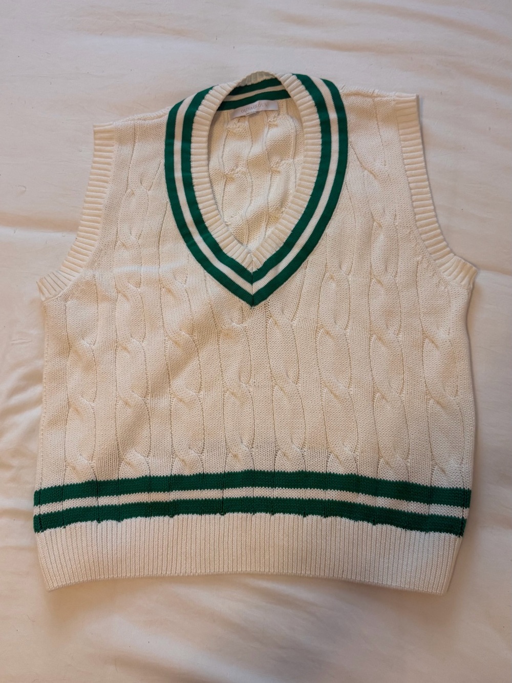 Olivaceous Cream Cable Knit V-Neck Sweater Vest with Green Trim
